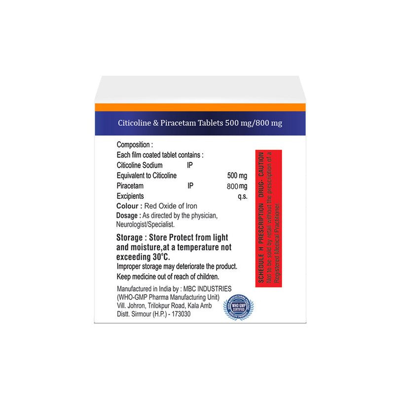 Box of Citicoline 500mg & Piracetam 800mg tablets composition image