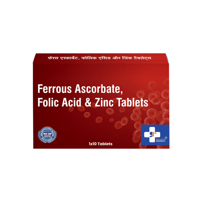 Box of Ferrous Ascorbate 100mg, Folic Acid 1.5mg & Zinc Sulphate 22.5mg tablets front image