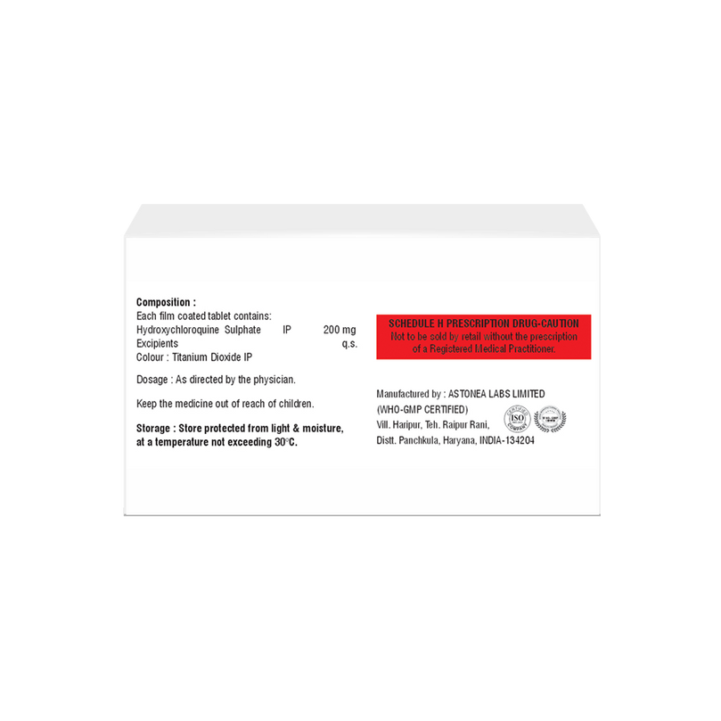 Box of Hydroxychloroquine Sulphate tablets 200 mg composition image
