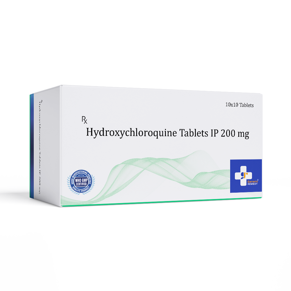 Box of Hydroxychloroquine tablets 200 mg front image