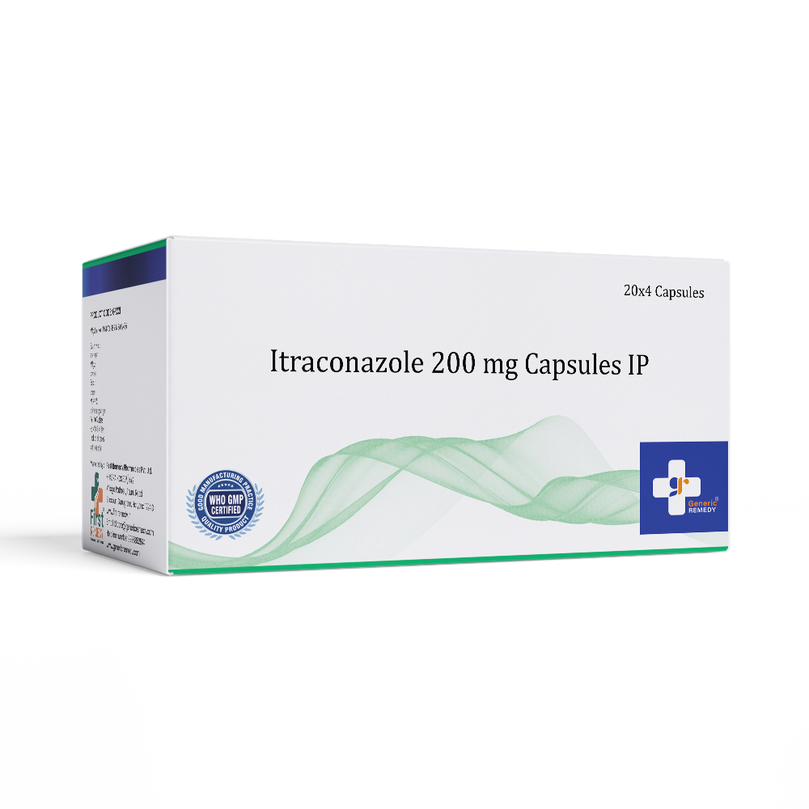 Box of Itraconazole 200 mg Capsules IP with a white background