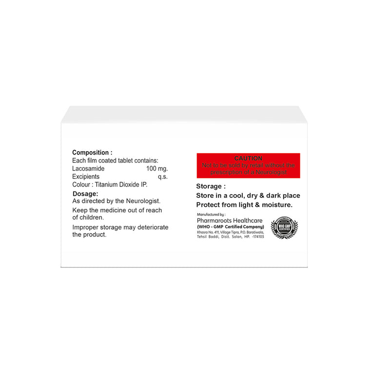 Box of Lacosamide tablets 100mg composition image