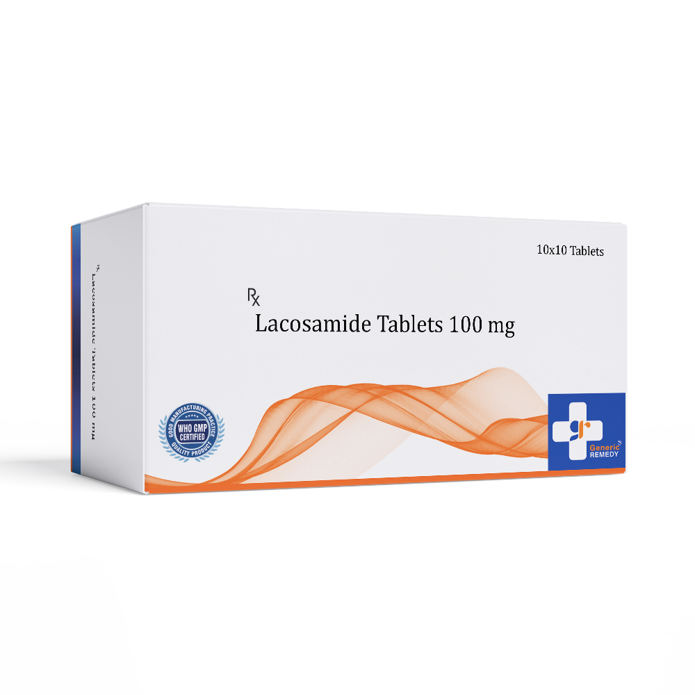 Box of Lacosamide tablets 100mg front image