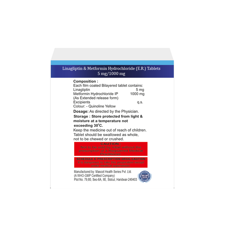 Box of Linagliptin 5mg & Metformin Hydrochloride 1000mg E.R. tablet composition image