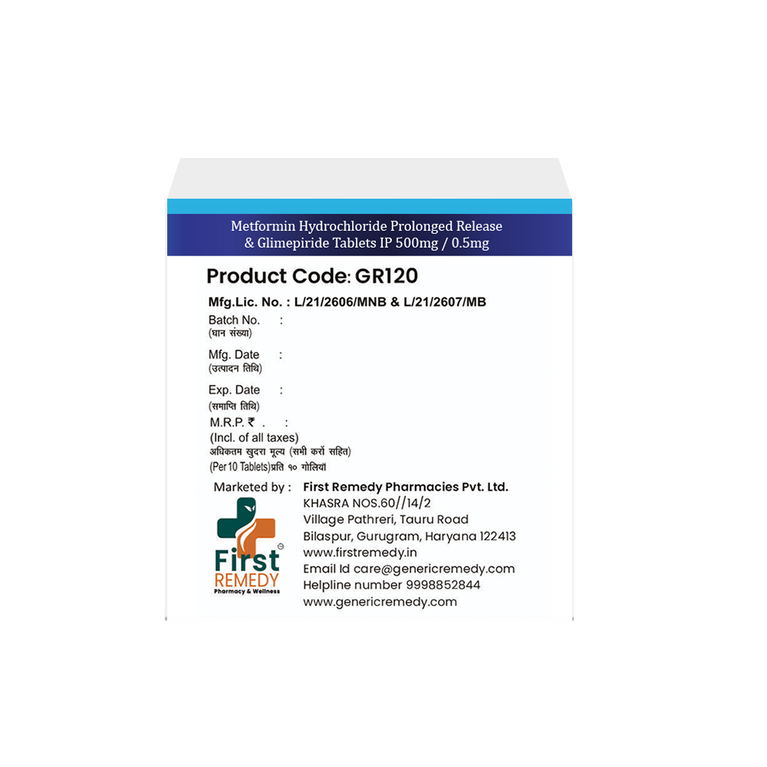 Box of Metformin 500mg Prolonged Release Glimepiride 0.5mg tablets back image