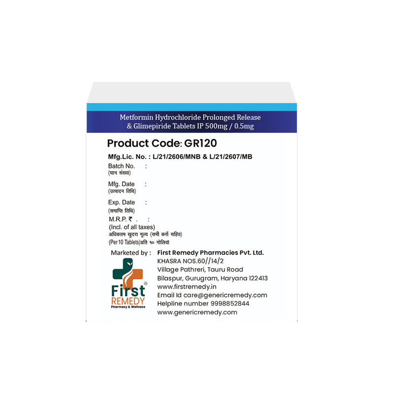 Box of Metformin 500mg Prolonged Release Glimepiride 0.5mg tablets back image