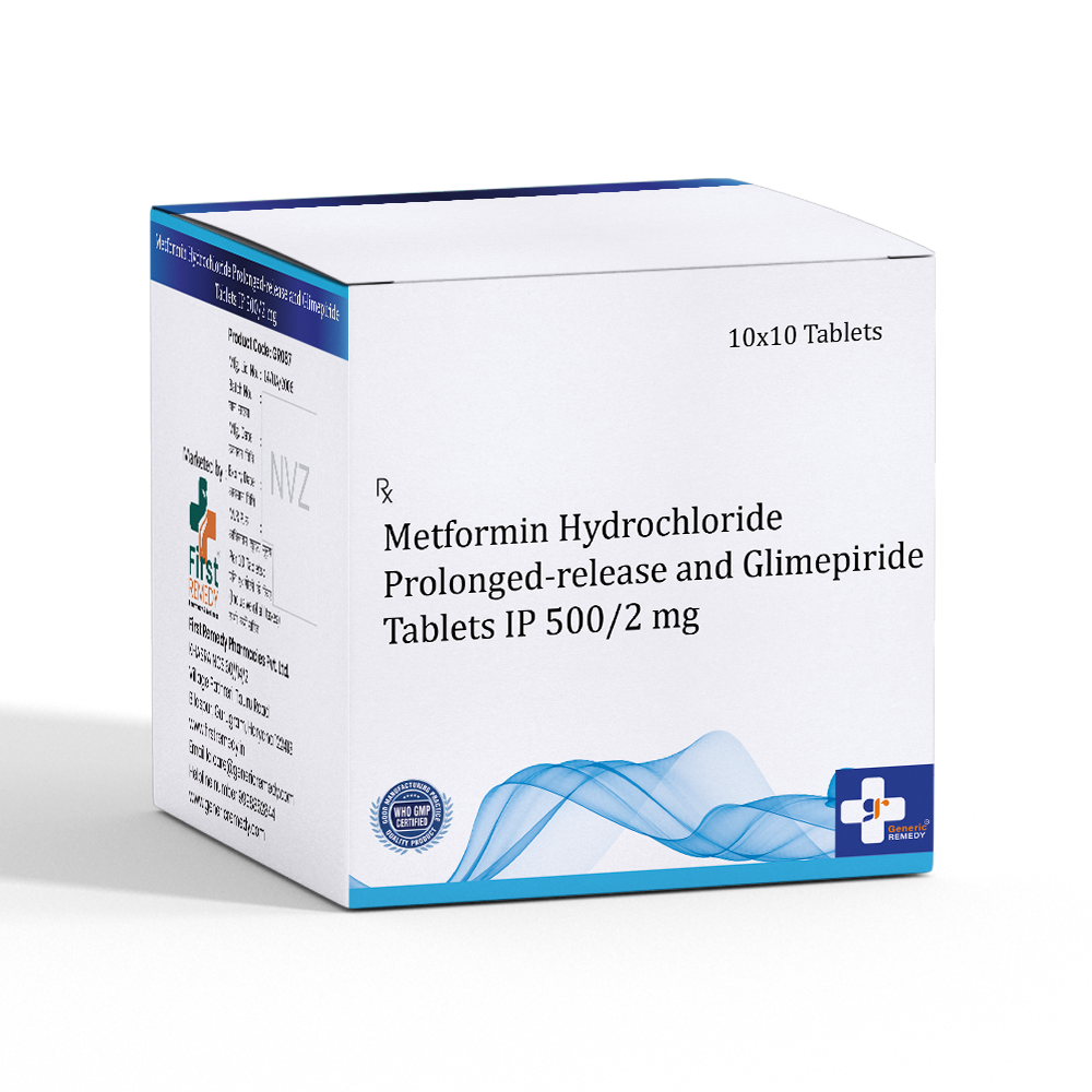 Box of Metformin Hydrochloride Prolonged release 500mg Glimepiride 2mg Tablets front image