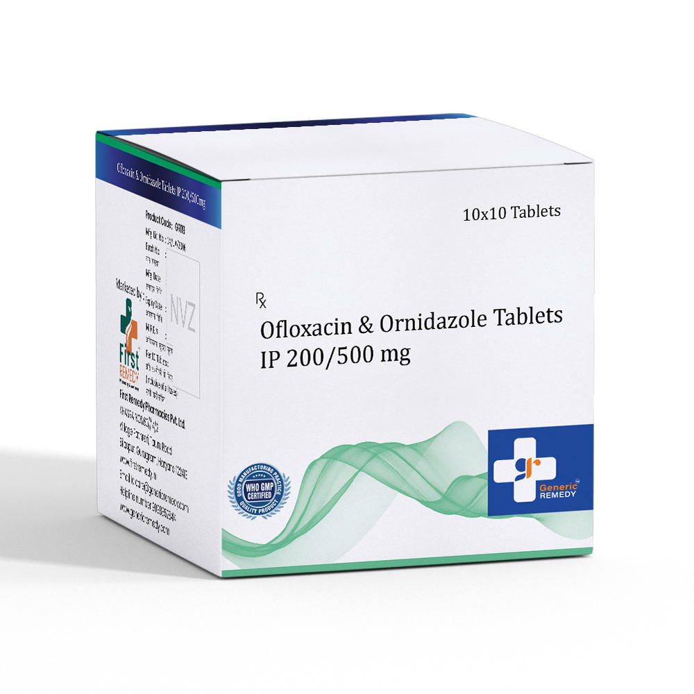 Box of Ofloxacin & Ornidazole tablets 200/500mg front image