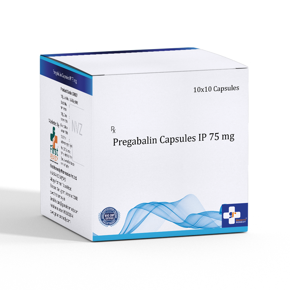 Box of Pregabalin Capsules 75mg front image