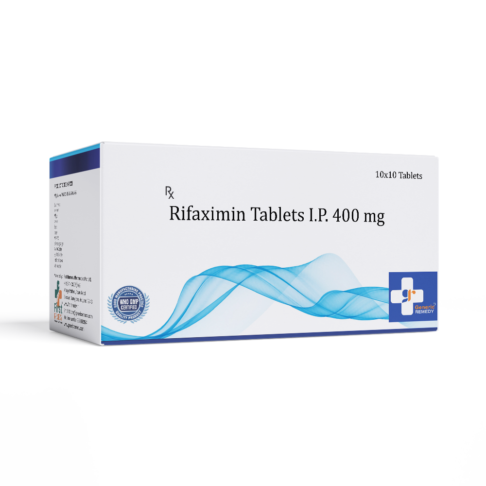 Box of Rifaximin tablets 400mg front image