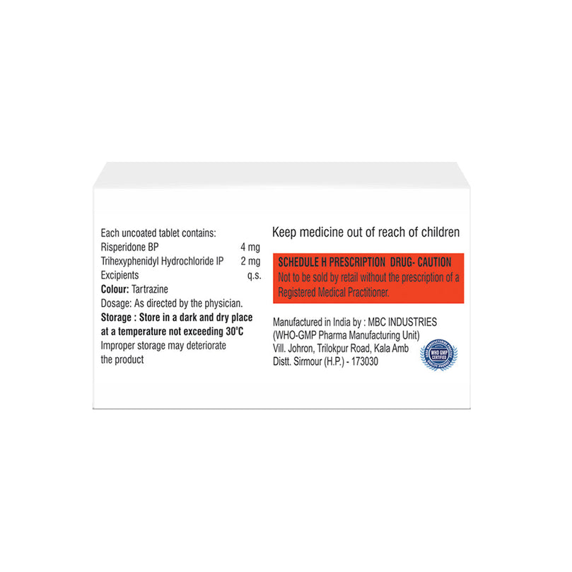 Box of Risperidone 4mg & Trihexyphenidyl 2mg tablets composition image
