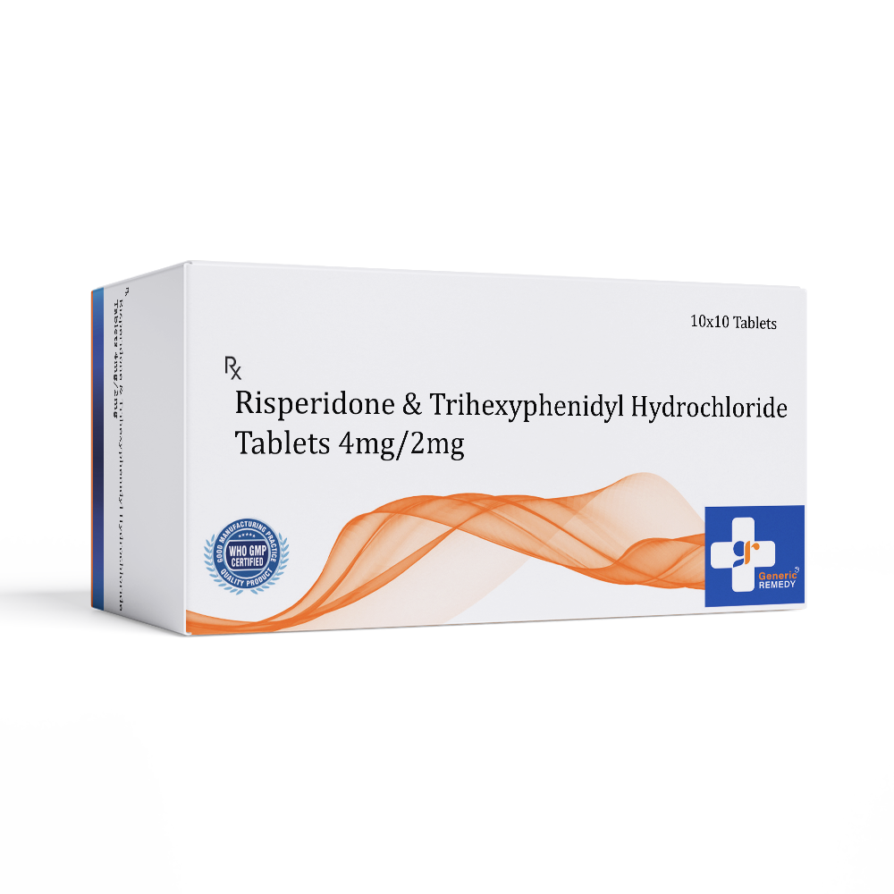 Box of Risperidone & Trihexyphenidyl Hydrochloride tablets 4mg/2mg front image