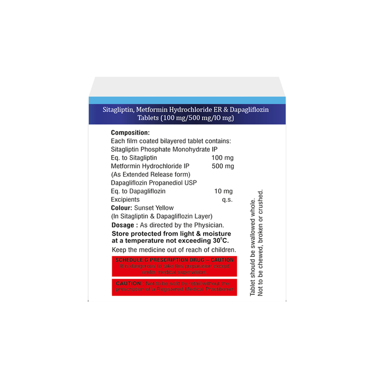 Box of Sitagliptin 100mg, Dapagliflozin 10mg & Metformin ER 500mg tablets composition image