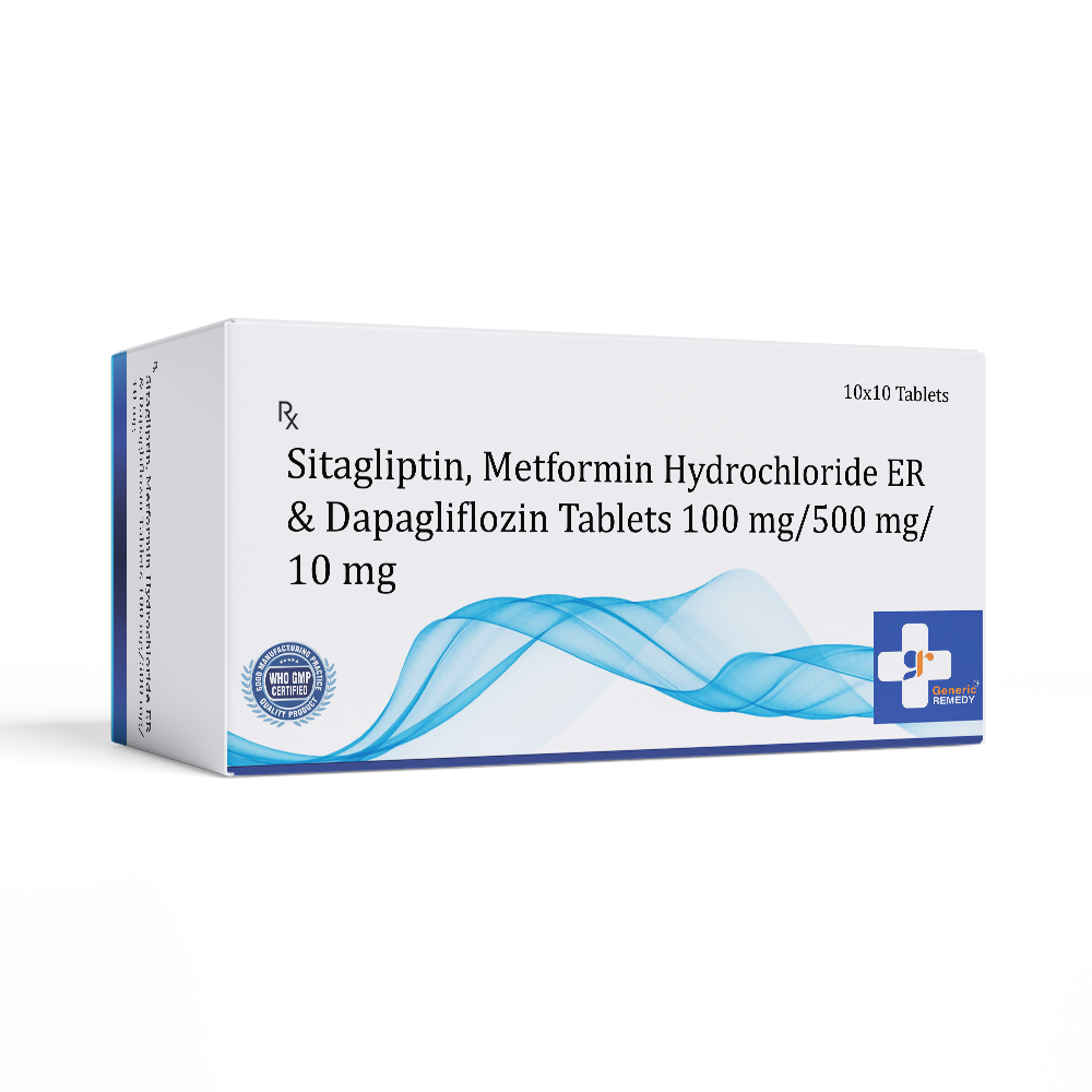 Box of Sitagliptin 100mg, Dapagliflozin 10mg & Metformin ER 500mg tablets front image