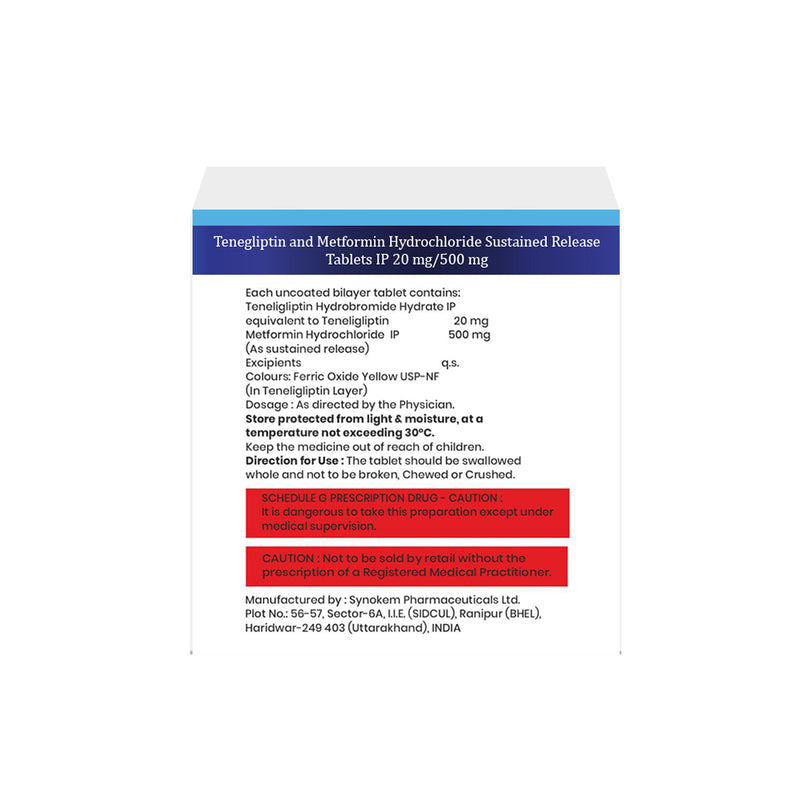 Box of Teneligliptin 20mg & Metformin Hydrochloride 500mg Sustained Release tablet composition image