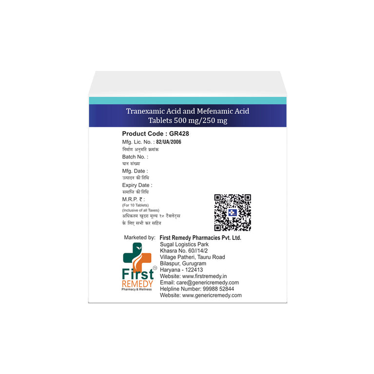 Box of Tranexamic Acid & 500mg Mefenamic Acid 250mg tablets back image