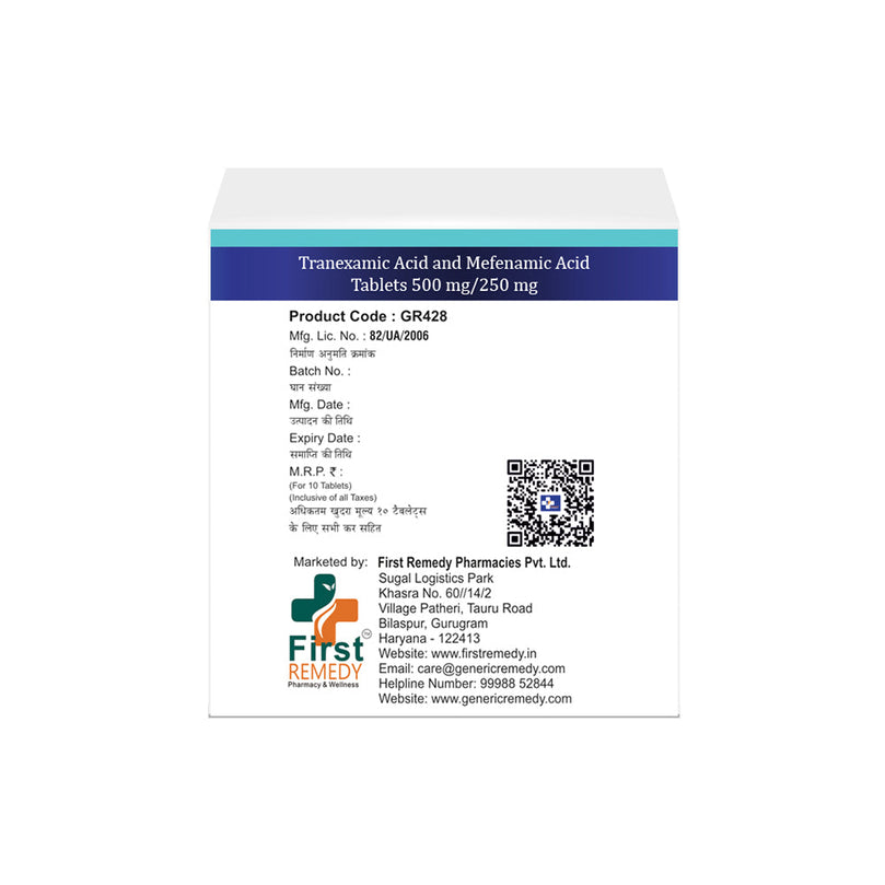 Box of Tranexamic Acid & 500mg Mefenamic Acid 250mg tablets back image