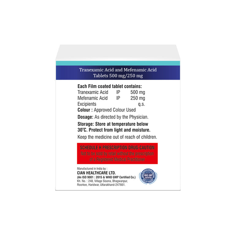 Box of Tranexamic Acid 500mg & Mefenamic Acid 250mg tablets composition image