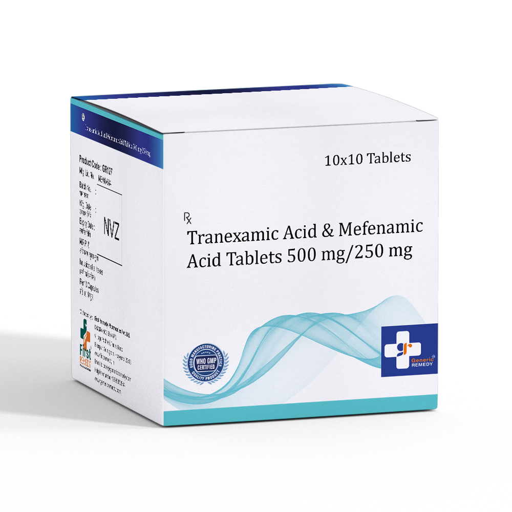 Box of Tranexamic Acid & Mefenamic Acid tablets 500mg / 250mg front image