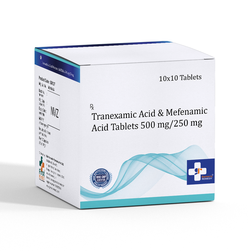 Box of Tranexamic Acid & Mefenamic Acid tablets 500mg / 250mg front image