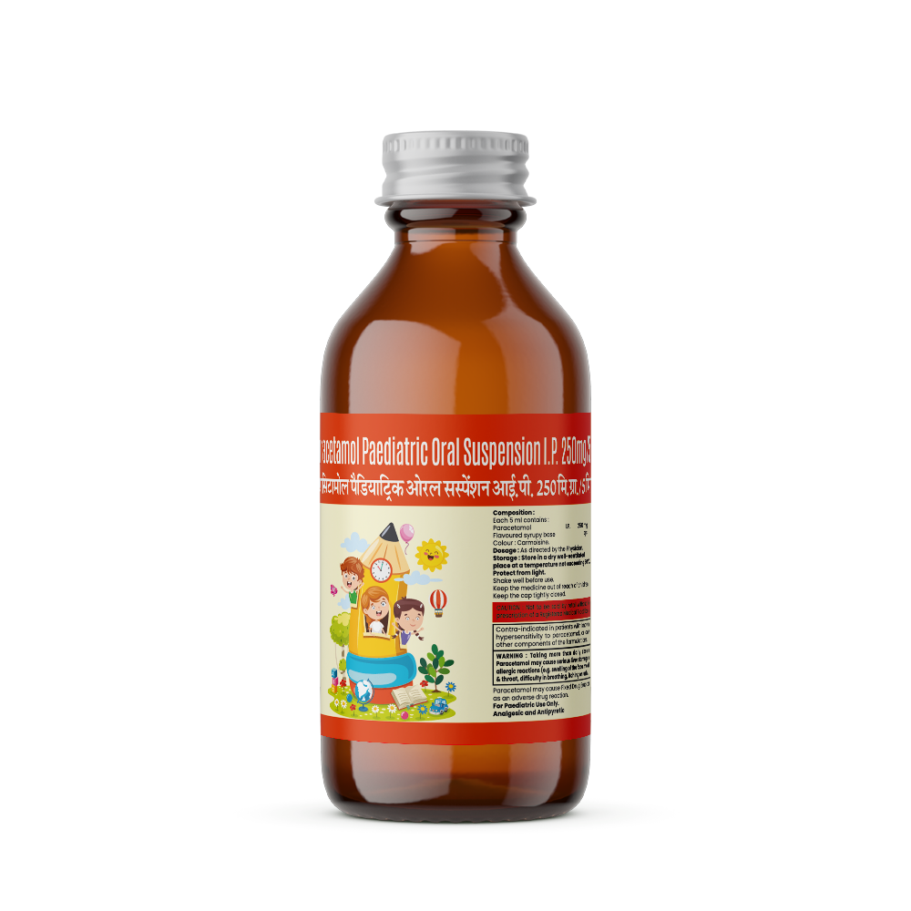 Brown bottle of Paracetamol with a colorful label on the front side
