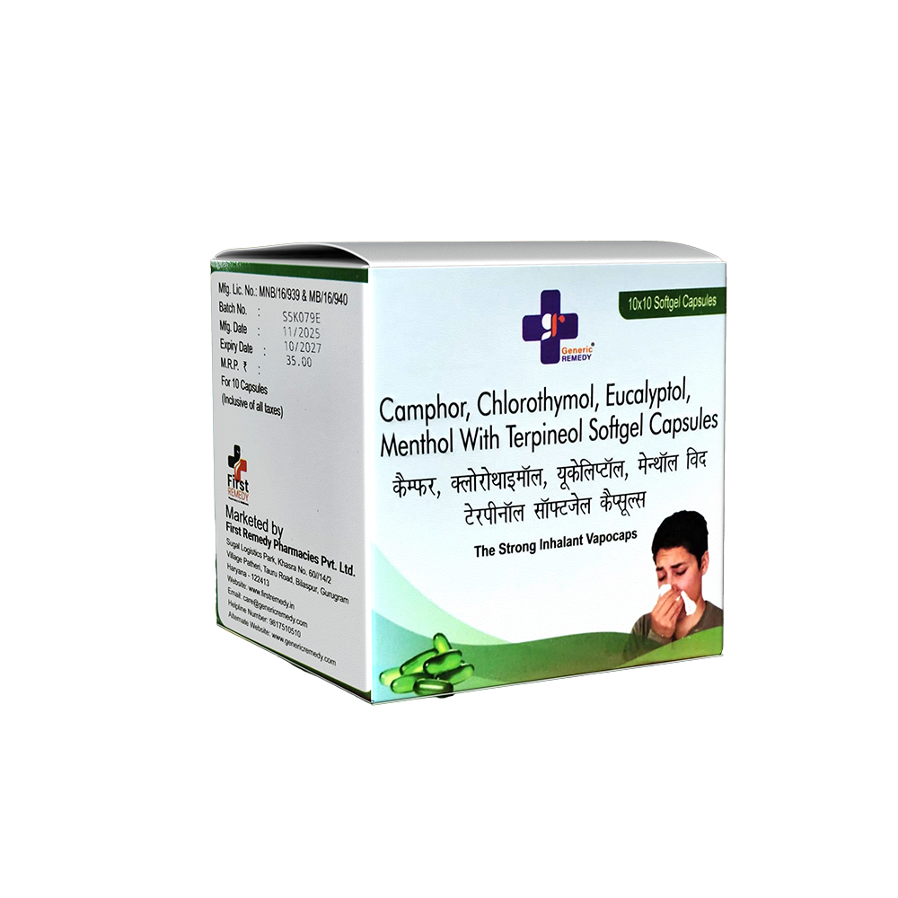 Box of Camphor, Chlorothymol, Eucalyptol, Menthol with Terpineol Softgel Capsules on a white background