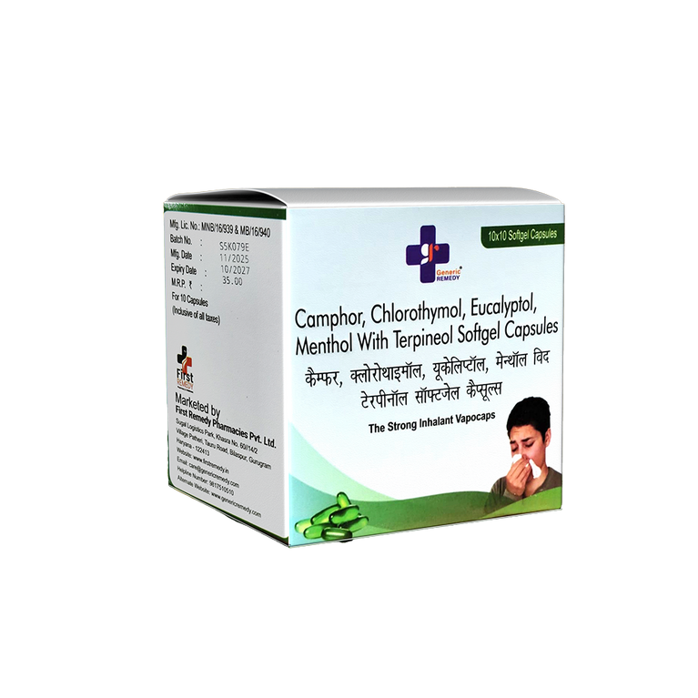 Box of Camphor, Chlorothymol, Eucalyptol, Menthol with Terpineol Softgel Capsules on a white background