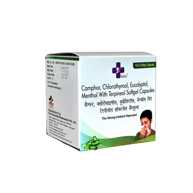 Box of Camphor, Chlorothymol, Eucalyptol, Menthol with Terpineol Softgel Capsules on a white background