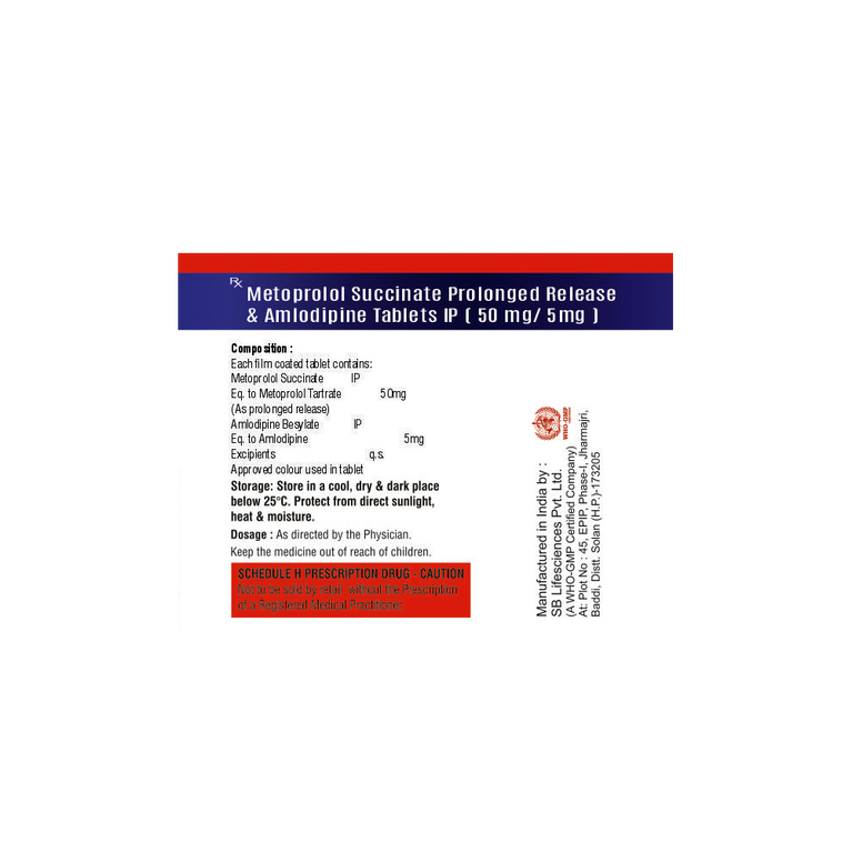 Medication label for Metoprolol Succinate PR & Amlodipine tablets on a white background