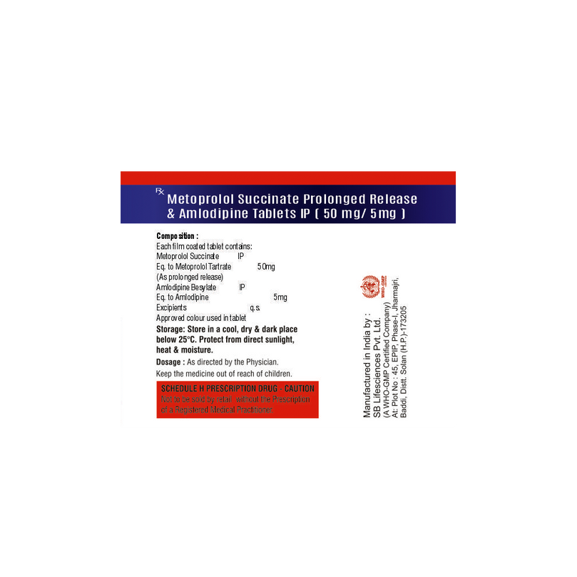 Medication label for Metoprolol Succinate PR & Amlodipine tablets on a white background