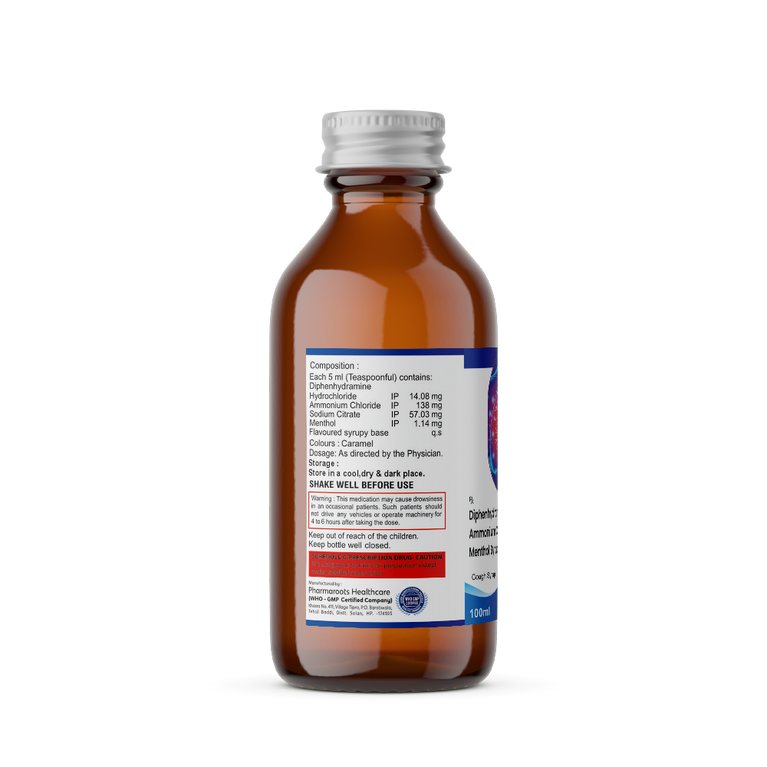 Diphenhydramine 14.08mg, Ammonium Chloride 138mg, Sodium Citrate 57.03mg & Menthol 1.14mg Cough Syrup 100ml IP