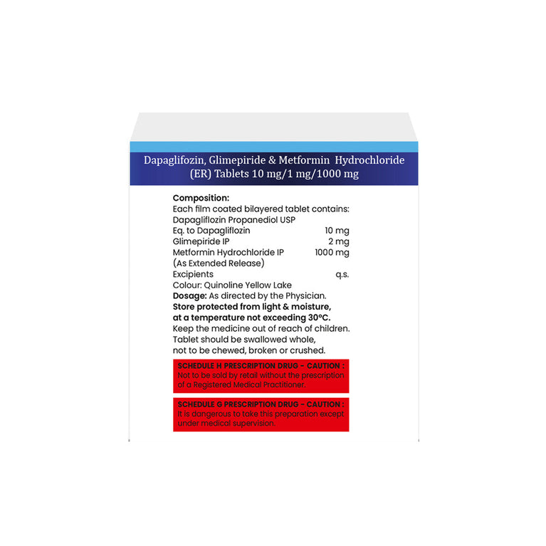 Dapagliflozin 10mg, Glimepiride 1 mg & Metformin 1000mg ER Tablet IP