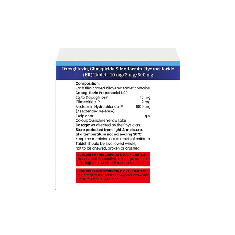 Dapagliflozin 10mg, Glimepiride 2mg & Metformin 500 mg ER Tablet IP