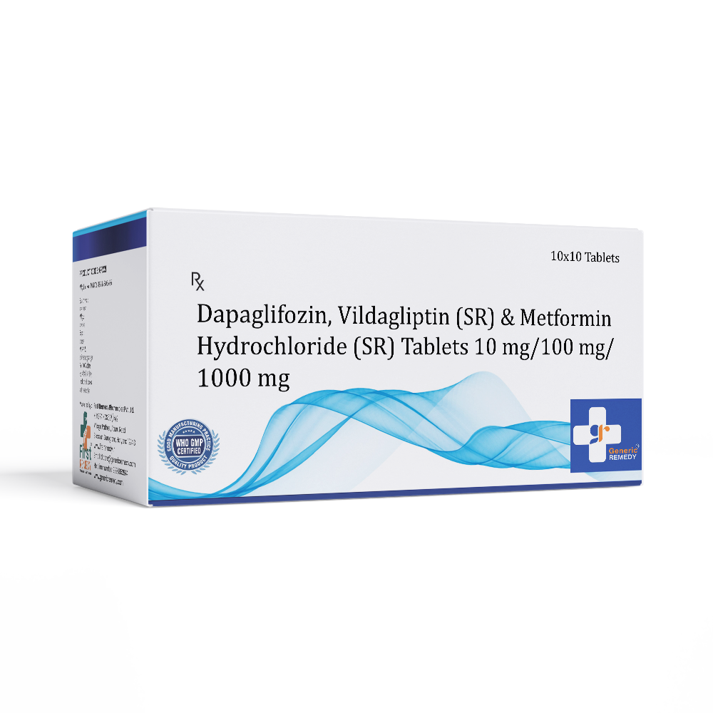 Box of Dapagliflozin, Vildagliptin SR & Metformin SR 10mg/100mg/1000mg tablets front image