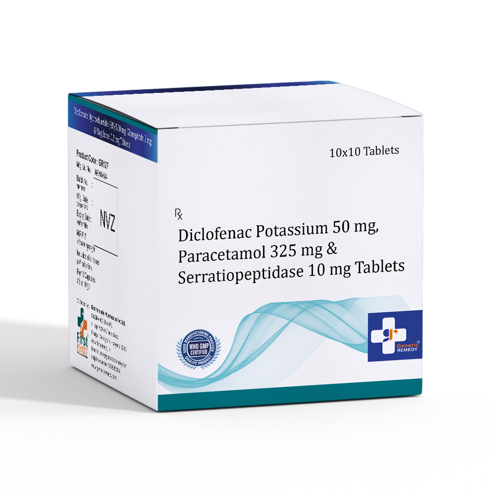 Box of Diclofenac 50mg, Paracetamol 325mg & Serratiopeptidase 10mg tablets front image