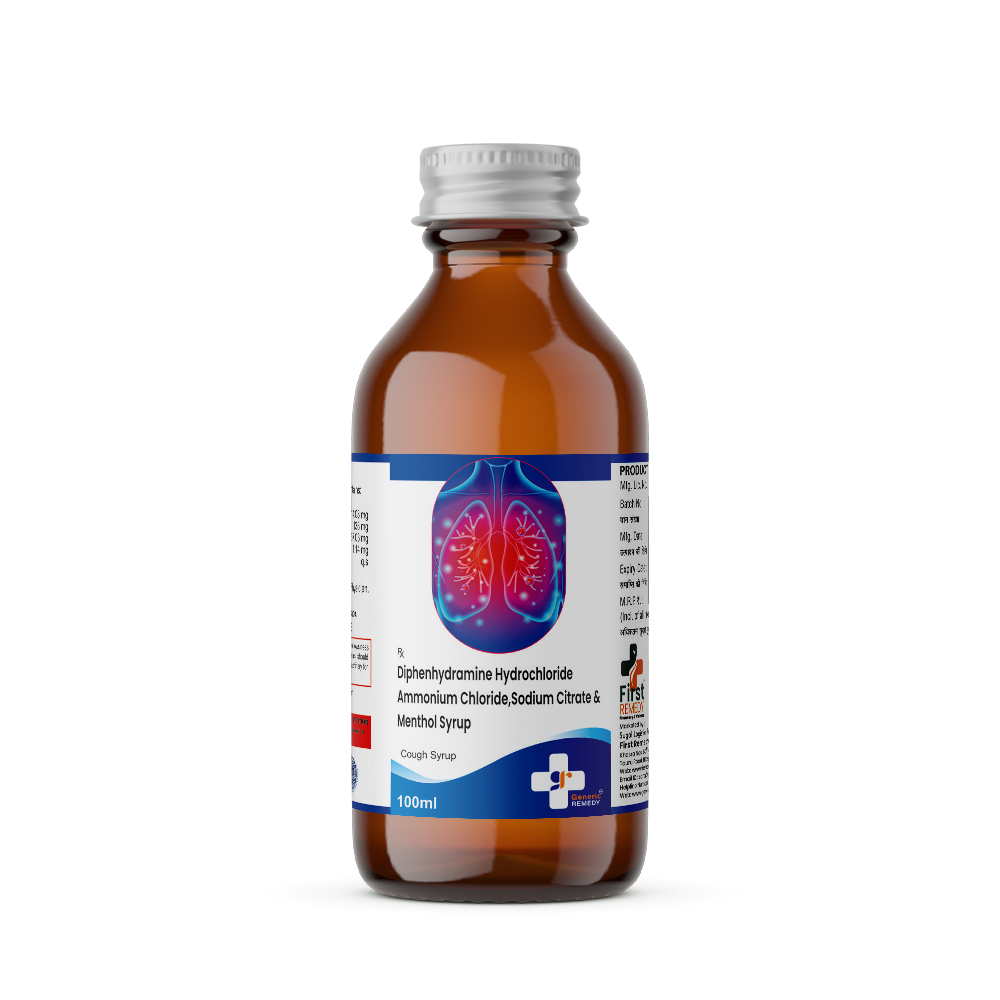 Diphenhydramine 14.08mg, Ammonium Chloride 138mg, Sodium Citrate 57.03mg & Menthol 1.14mg Cough Syrup 100ml IP