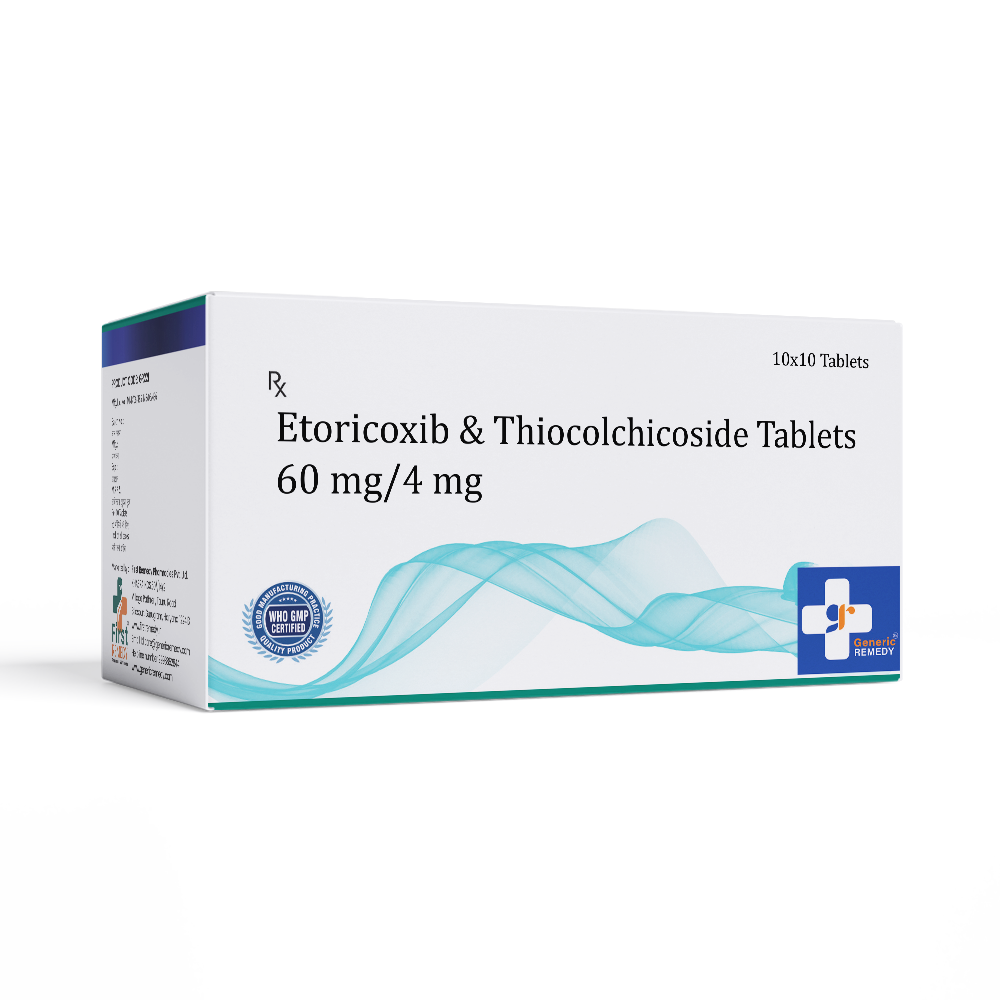 Box of Etoricoxib & Thiocolchicoside tablets 60mg/4mg front image