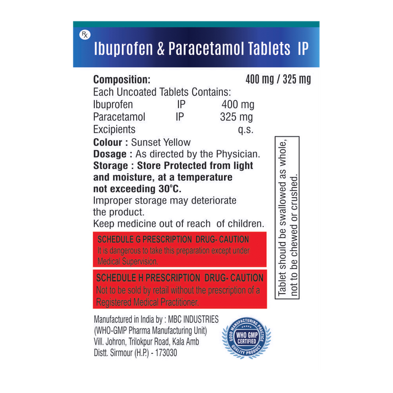 Ibuprofen 400mg & Paracetamol 325mg tablets composition image