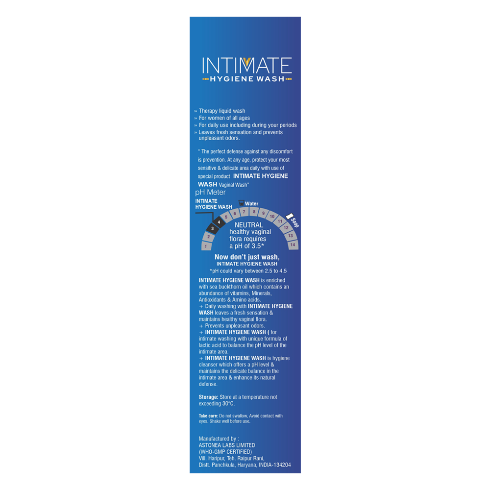 Blue packaging of Intimate Hygiene Wash with text and branding