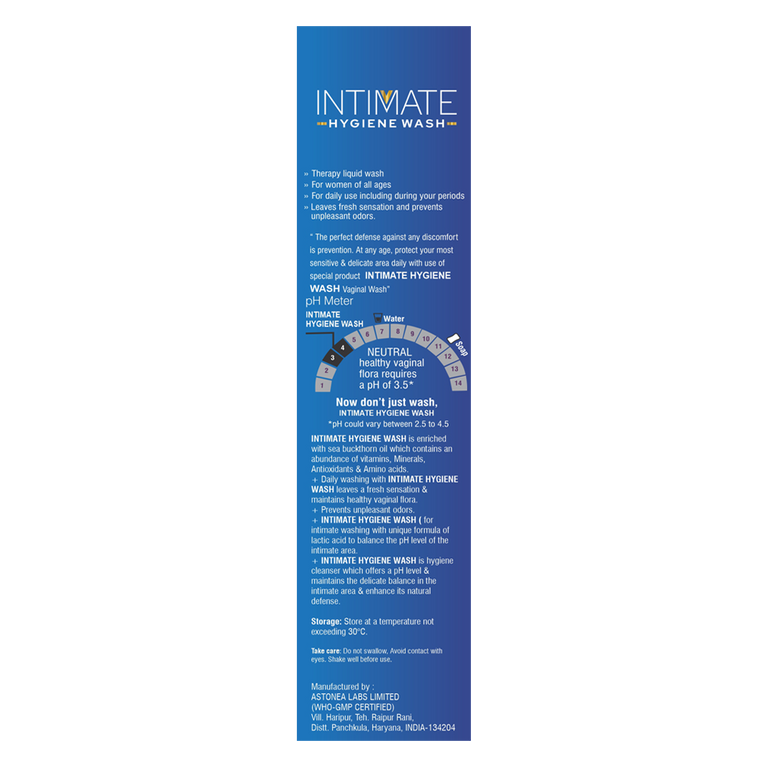 Blue packaging of Intimate Hygiene Wash with text and branding