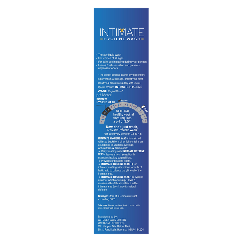 Blue packaging of Intimate Hygiene Wash with text and branding