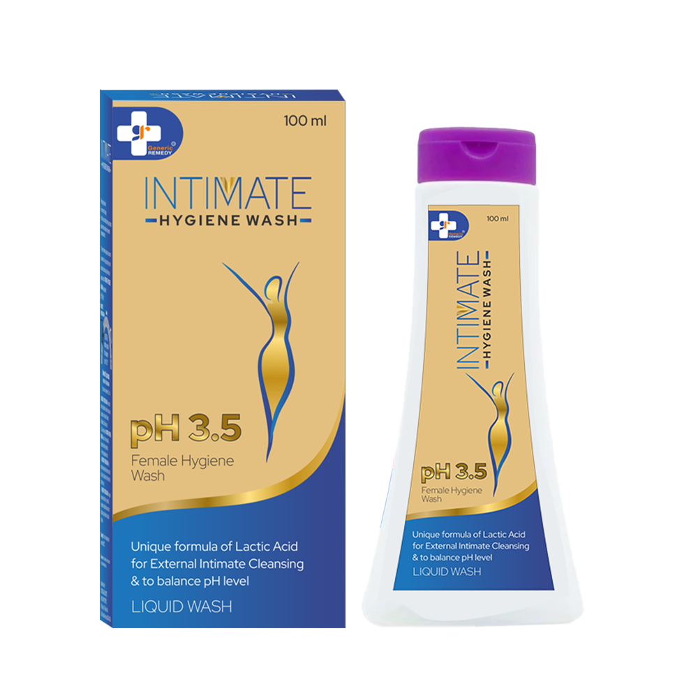 Intimate hygiene wash packaging with box and bottle on a white background