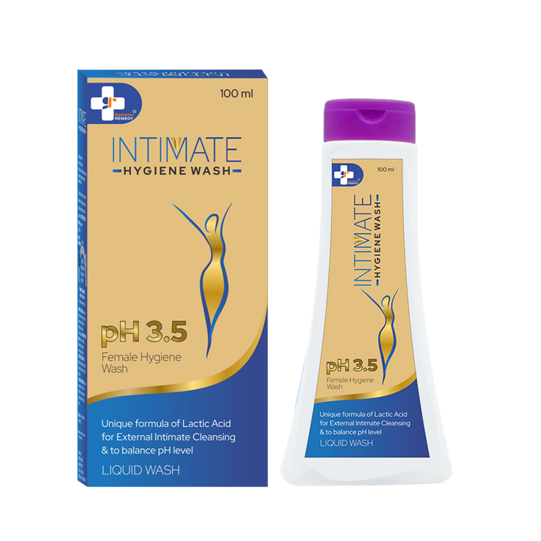 Intimate hygiene wash packaging with box and bottle on a white background