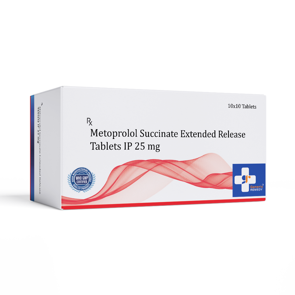 Box of Metoprolol Succinate Extended Release Tablets IP 25 mg on a white background