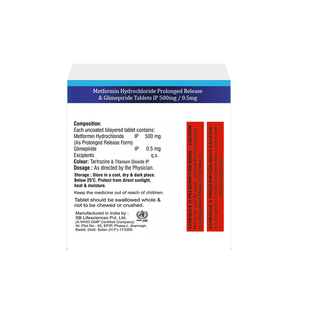 Metformin 500mg Prolonged release & Glimepiride 1mg Tablets IP