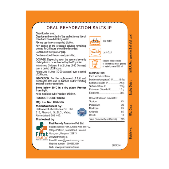 Oral Rehydration Salts IP (WHO Formula) Orange Flavor Sachet 21gm ...
