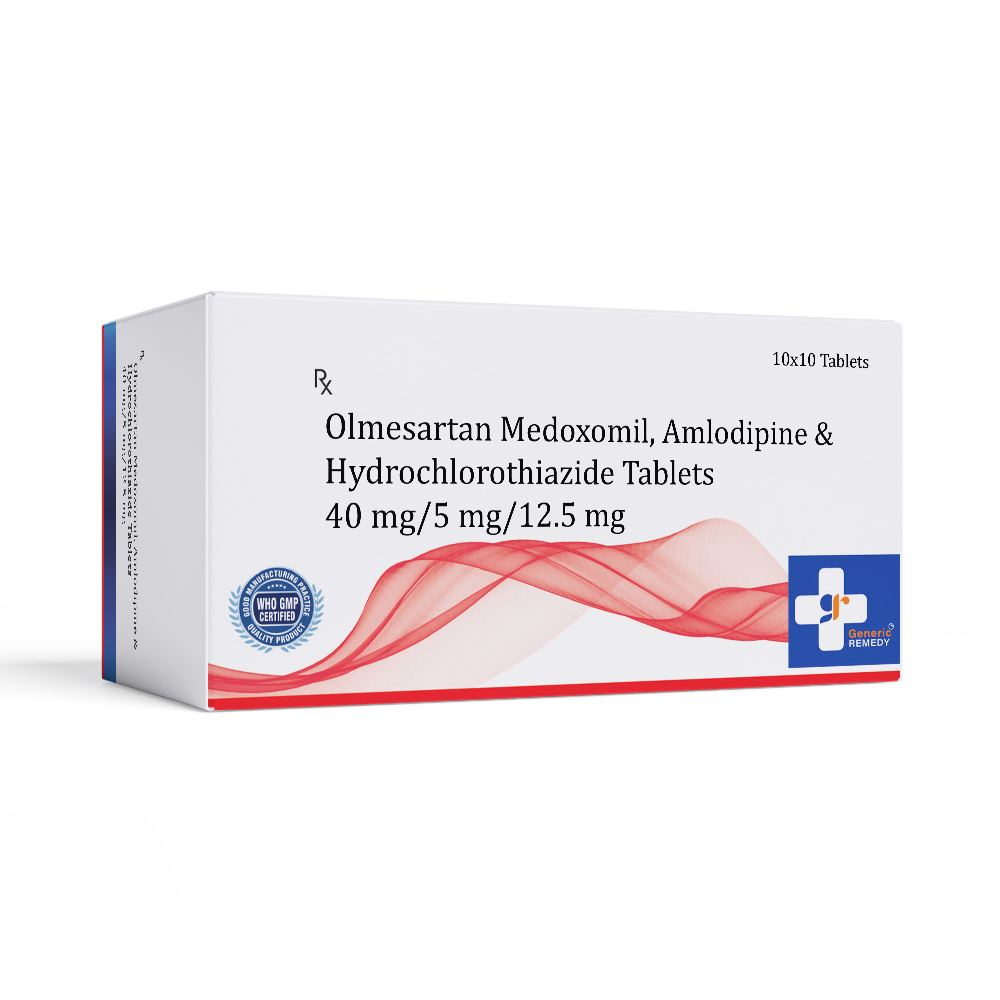 Box of Olmesartan Medoxomil, Amlodipine & Hydrochlorothiazide tablets 40/5/12.5 mg front image