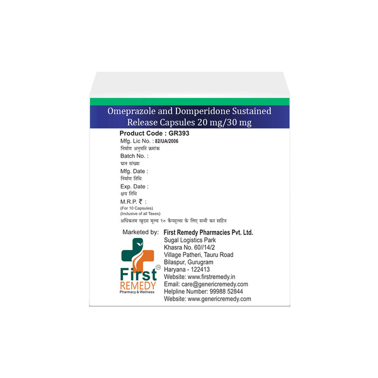 Omeprazole Gastro-resistant 20mg and Domperidone Sustained Release 30mg Capsules IP