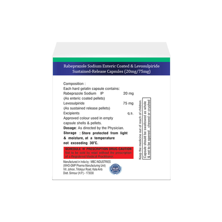 Rabeprazole 20mg (Enteric Coated), Levosulpiride 75mg (Sustained Release) Capsules