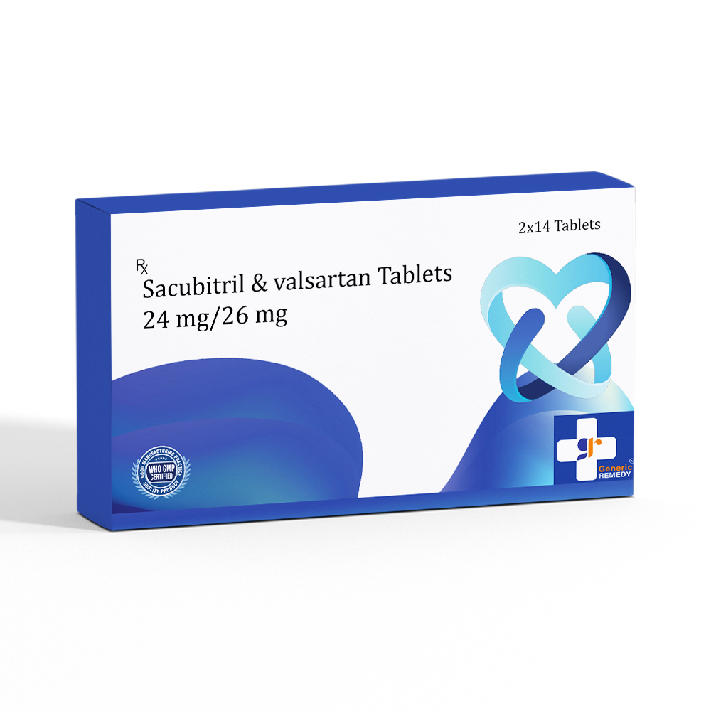 Box of Sacubitril & Valsartan tablets 24mg/26mg front image